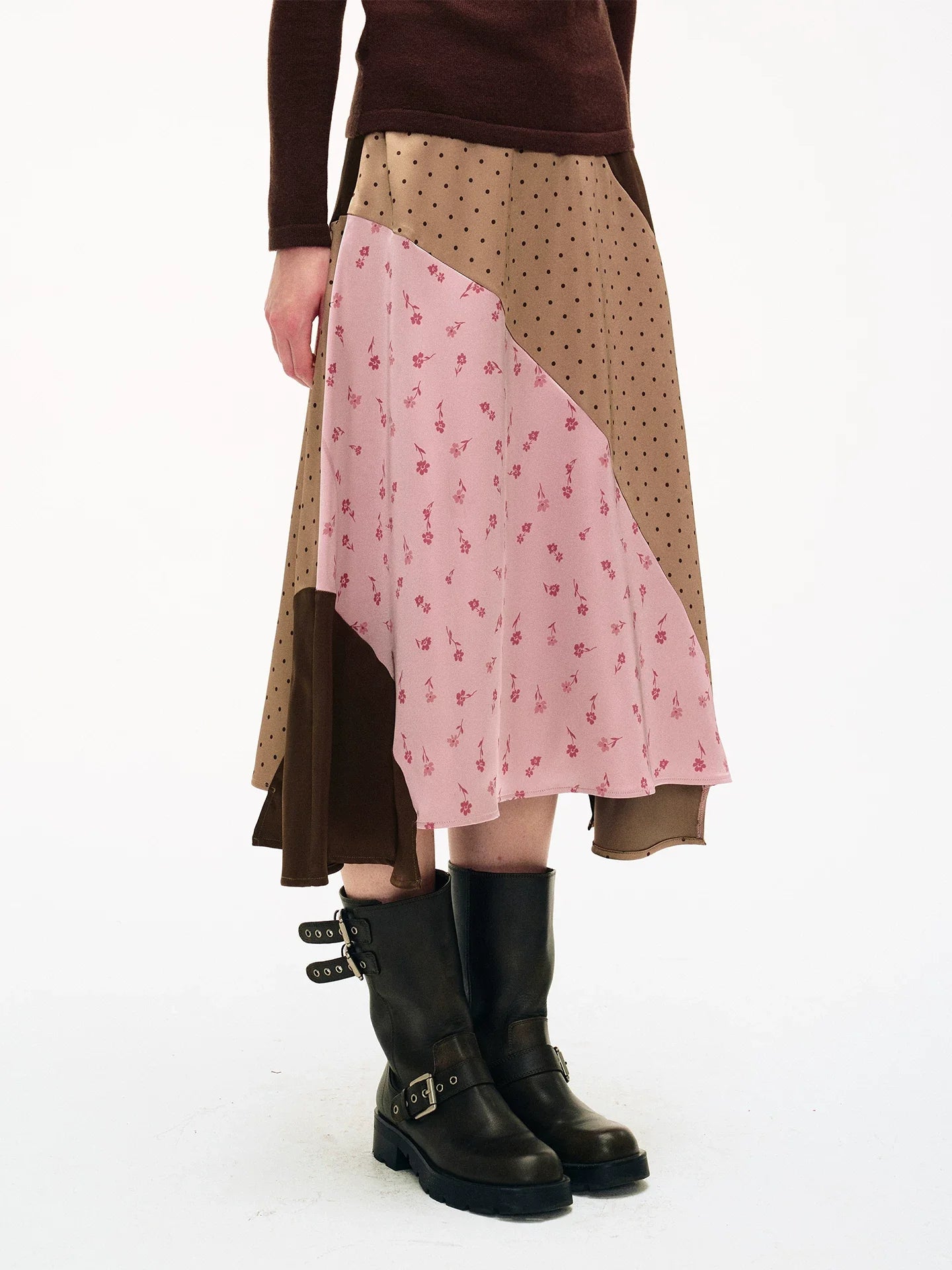 Retro Asymmetric Color-Blocked Satin Print Skirt