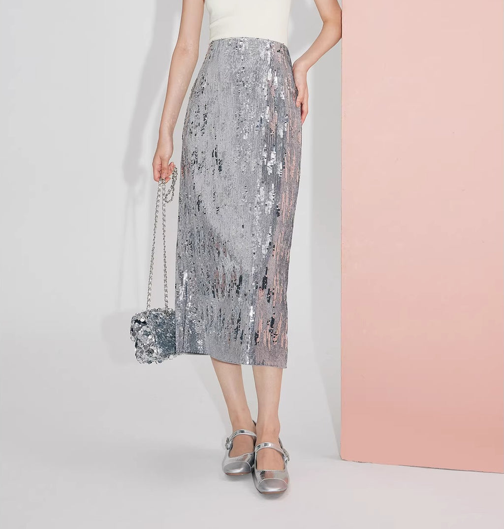 Silver-gray velvet sequin skirt