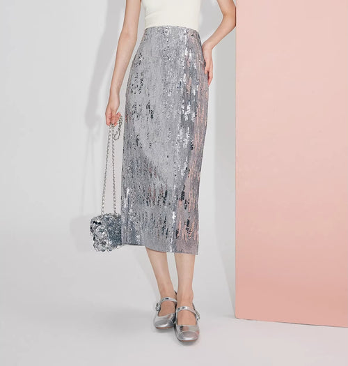 Silver-gray velvet sequin skirt