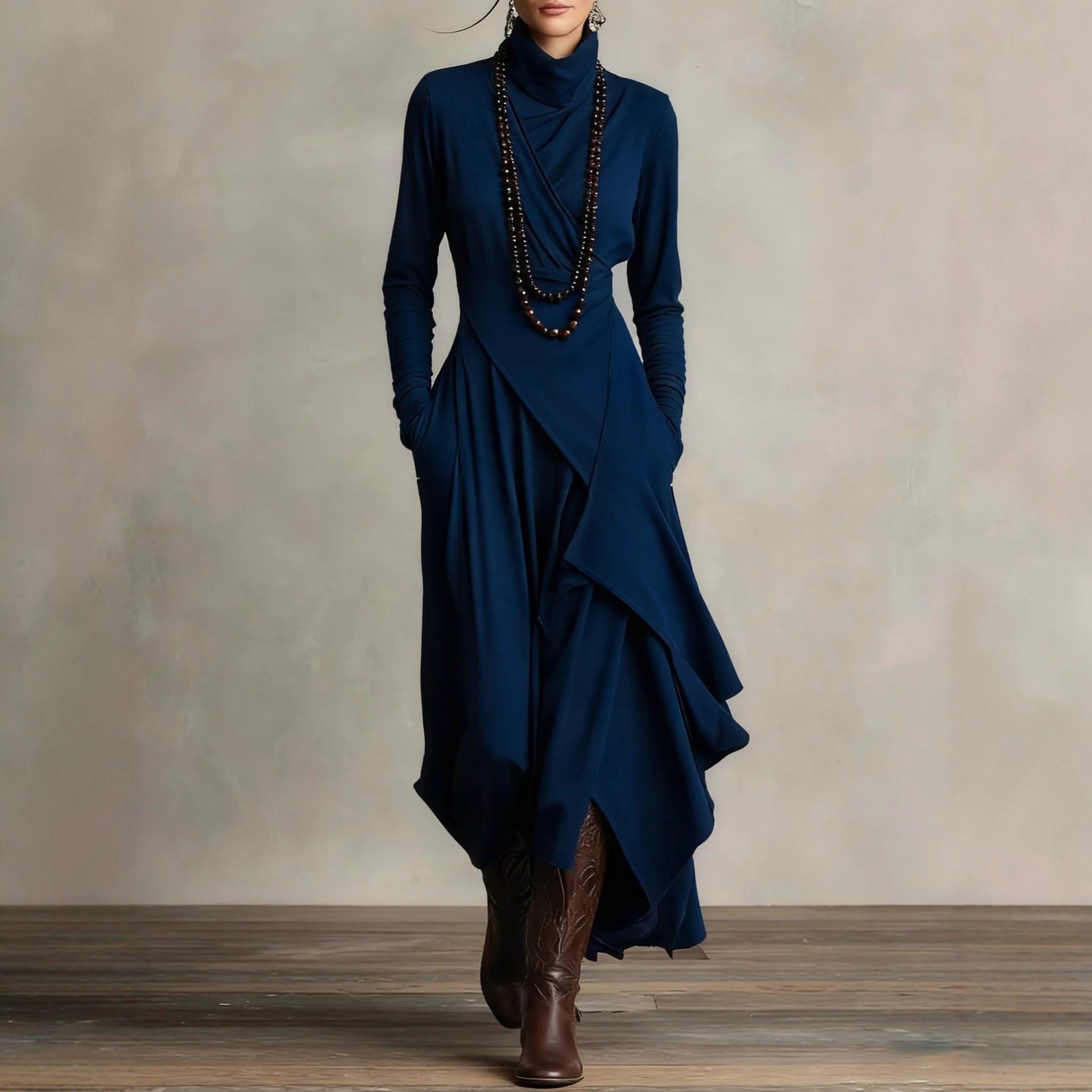 Long-sleeved crossover high-neck maxi dress