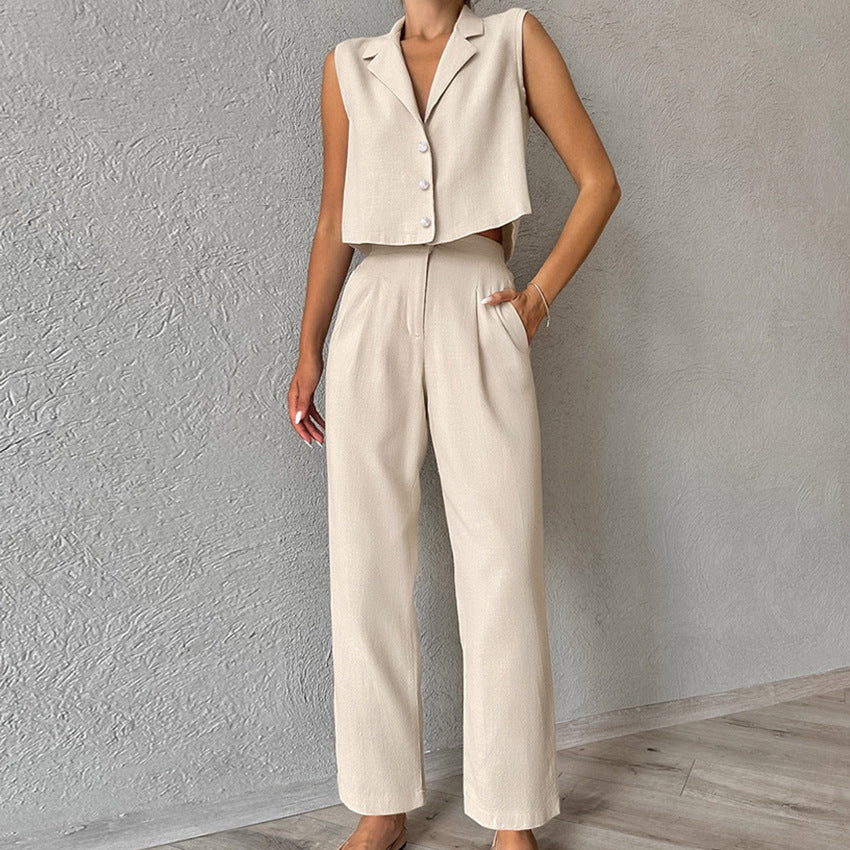 2026 Summer Khaki Cotton-Linen Blend Sleeveless Blazer