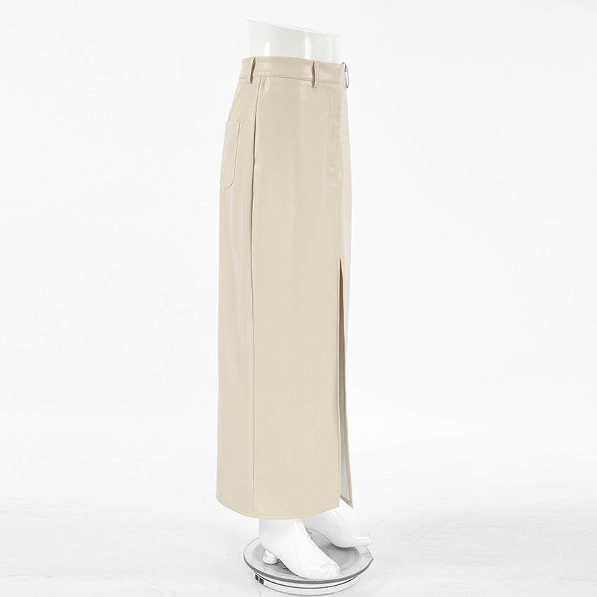 Khaki PU Leather Skirt for Women