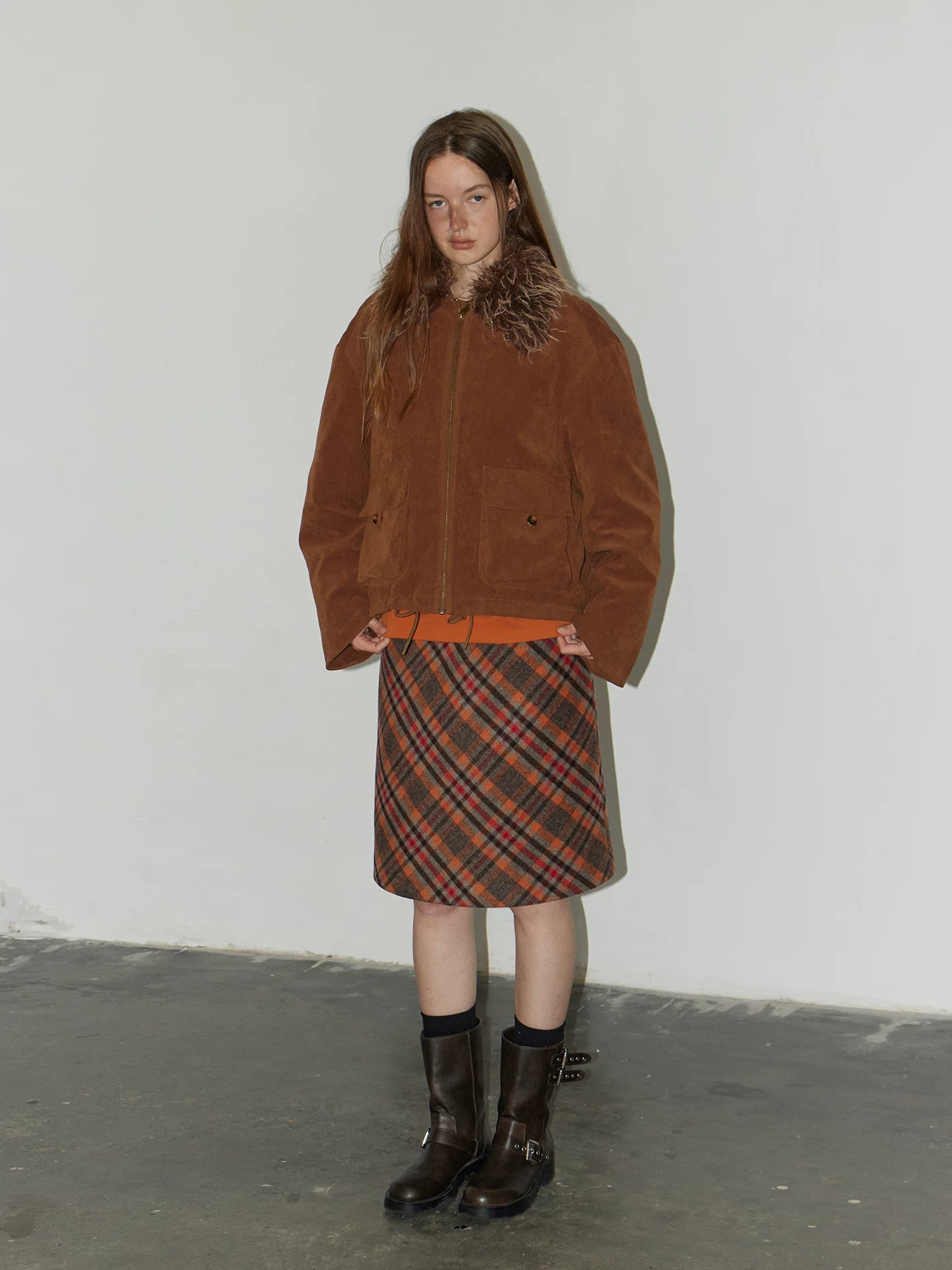 Orange Plaid Wool Skirt with Contrasting Colors