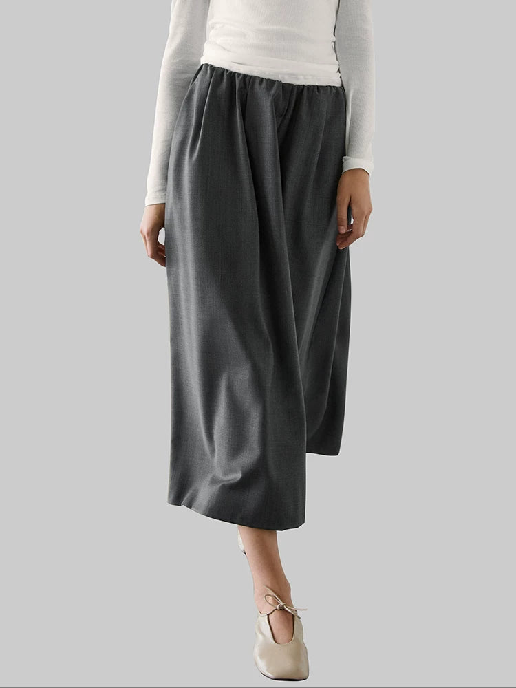 Wool Mid-Length Elastic Waist A-Line Skirt