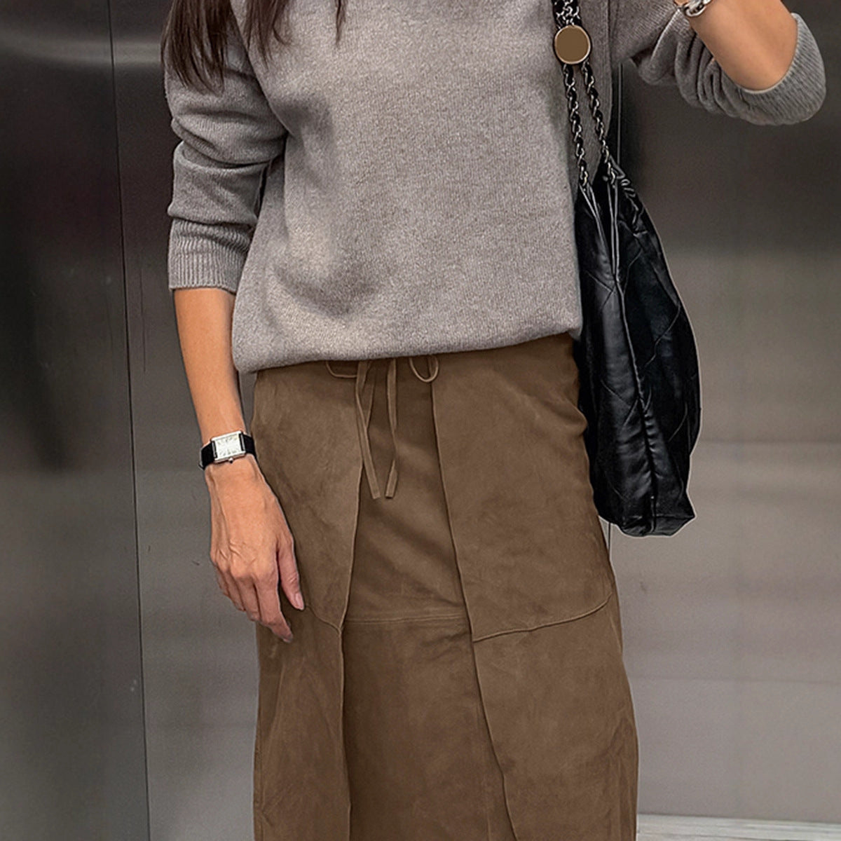 Mid-length suede skirt