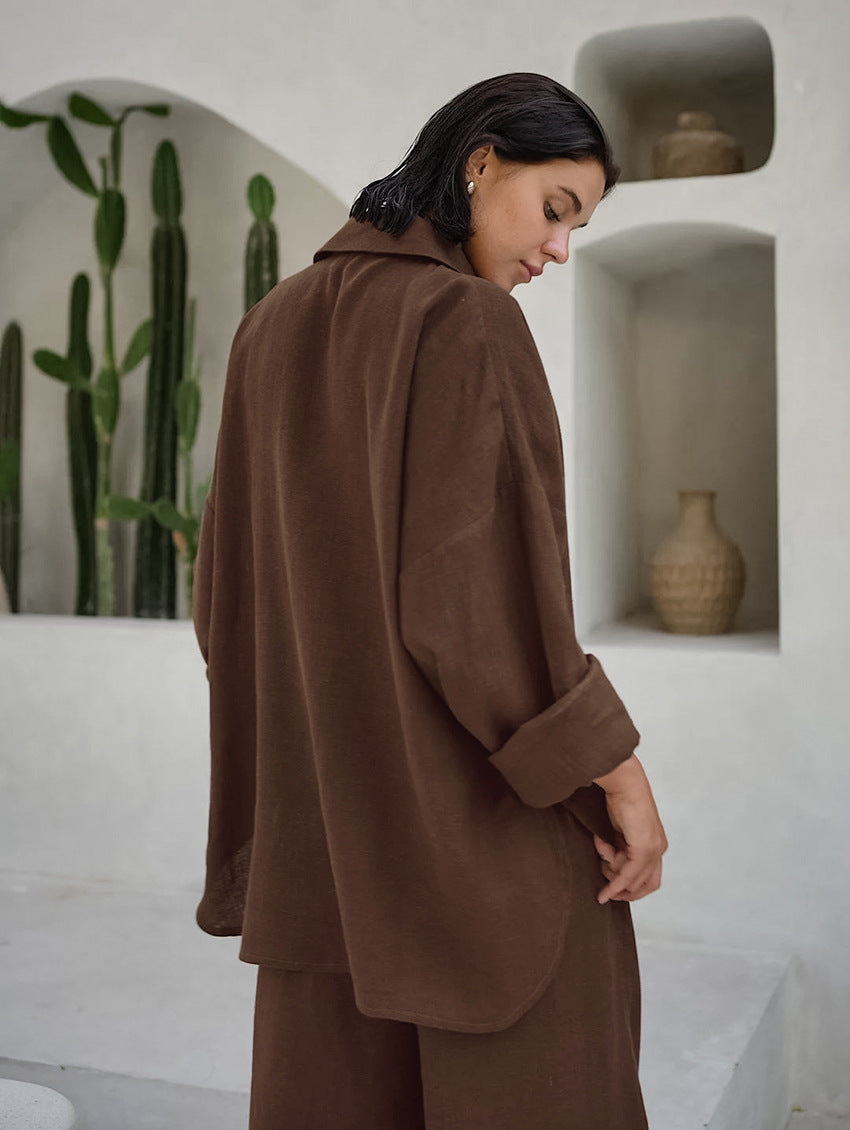 Cotton-Linen Khaki Shirt and Trousers Set