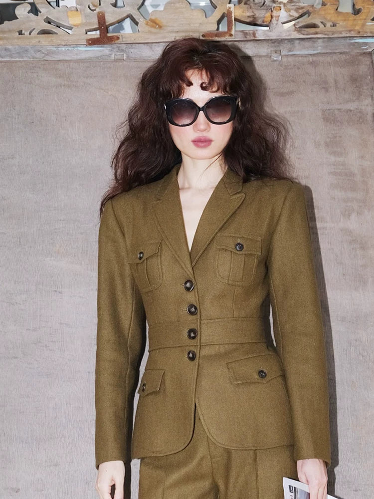 Retro Suit Straight-Leg Shorts French-Style Set Beige Wool Two-Piece