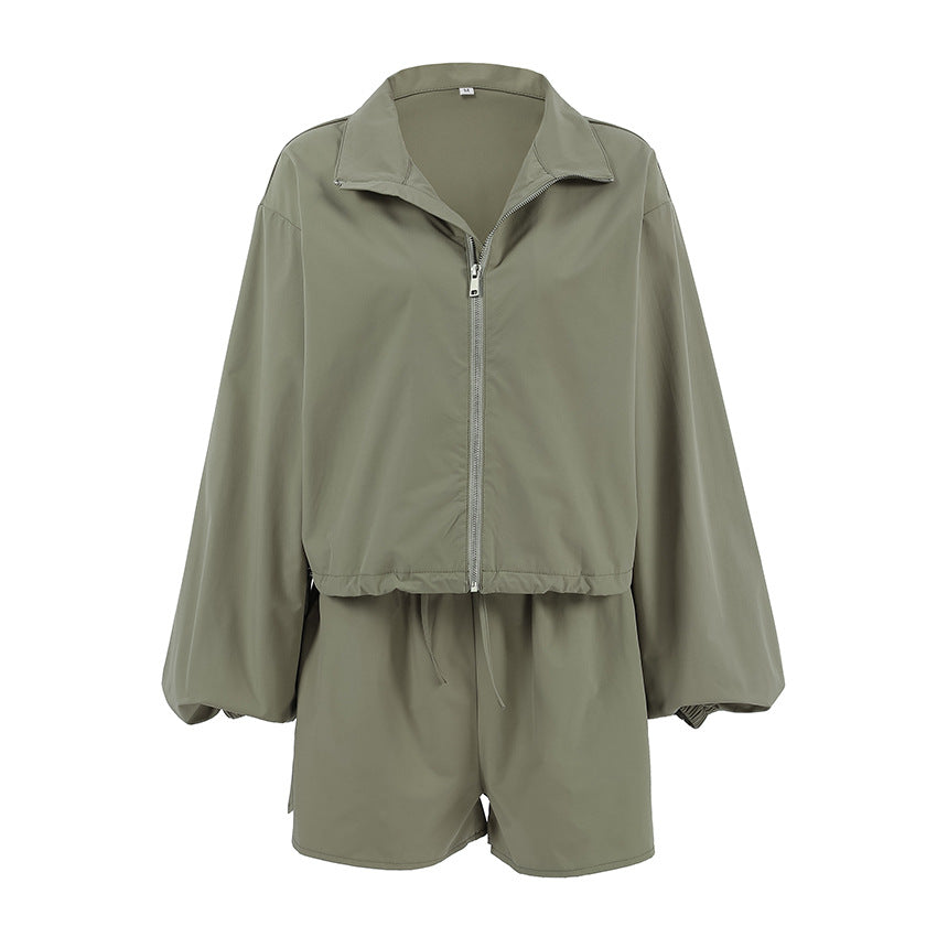 Fashionable Gray Sporty Trench Coat Women's Set