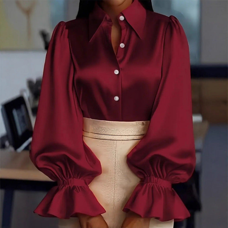 Women's Long-Sleeved Collared Satin Shirt