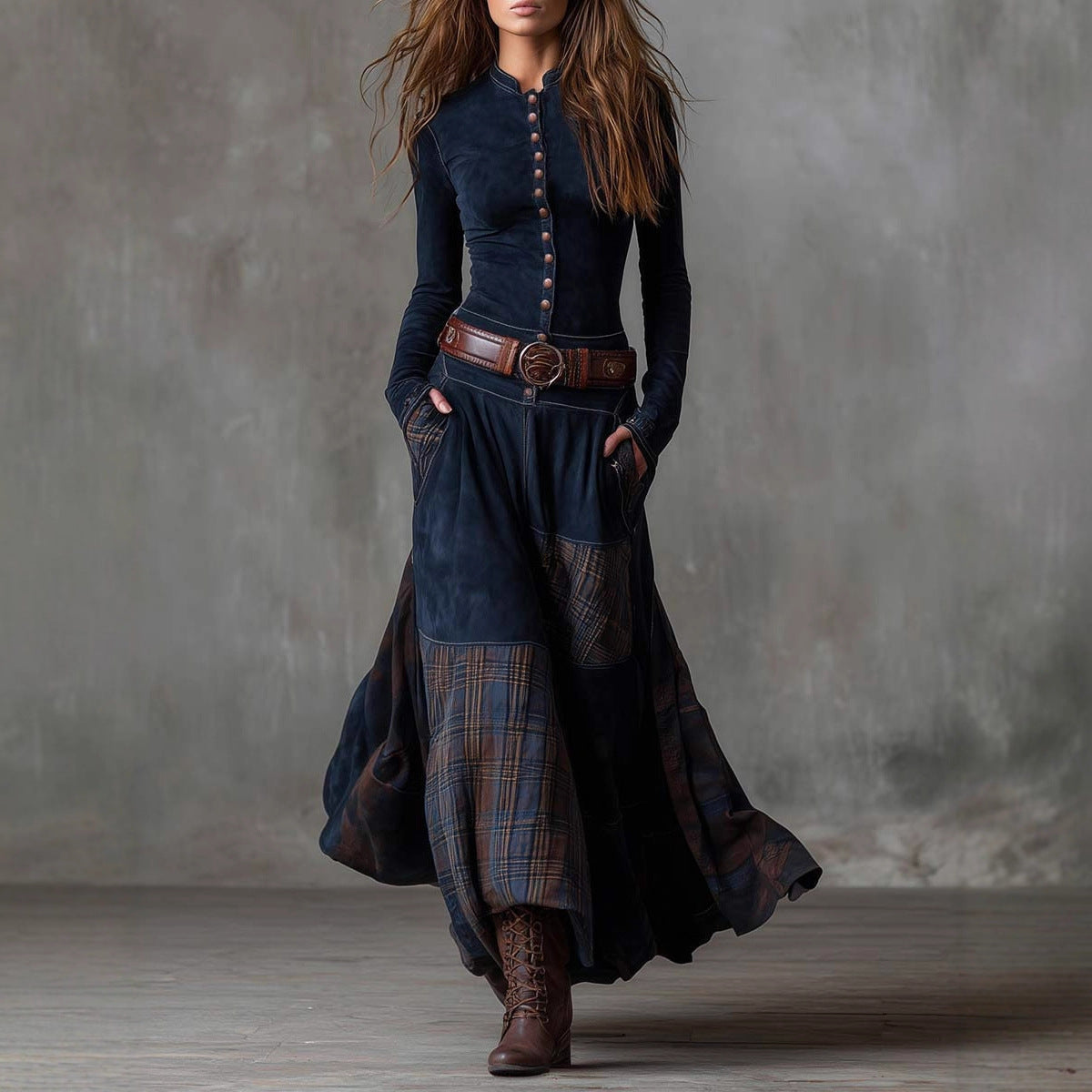 Suede Plaid Patchwork Vintage-Style Dress