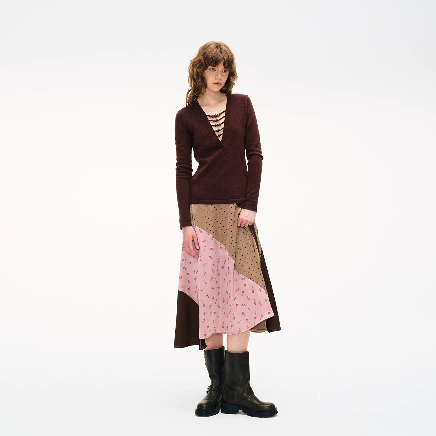 Retro Asymmetric Color-Blocked Satin Print Skirt