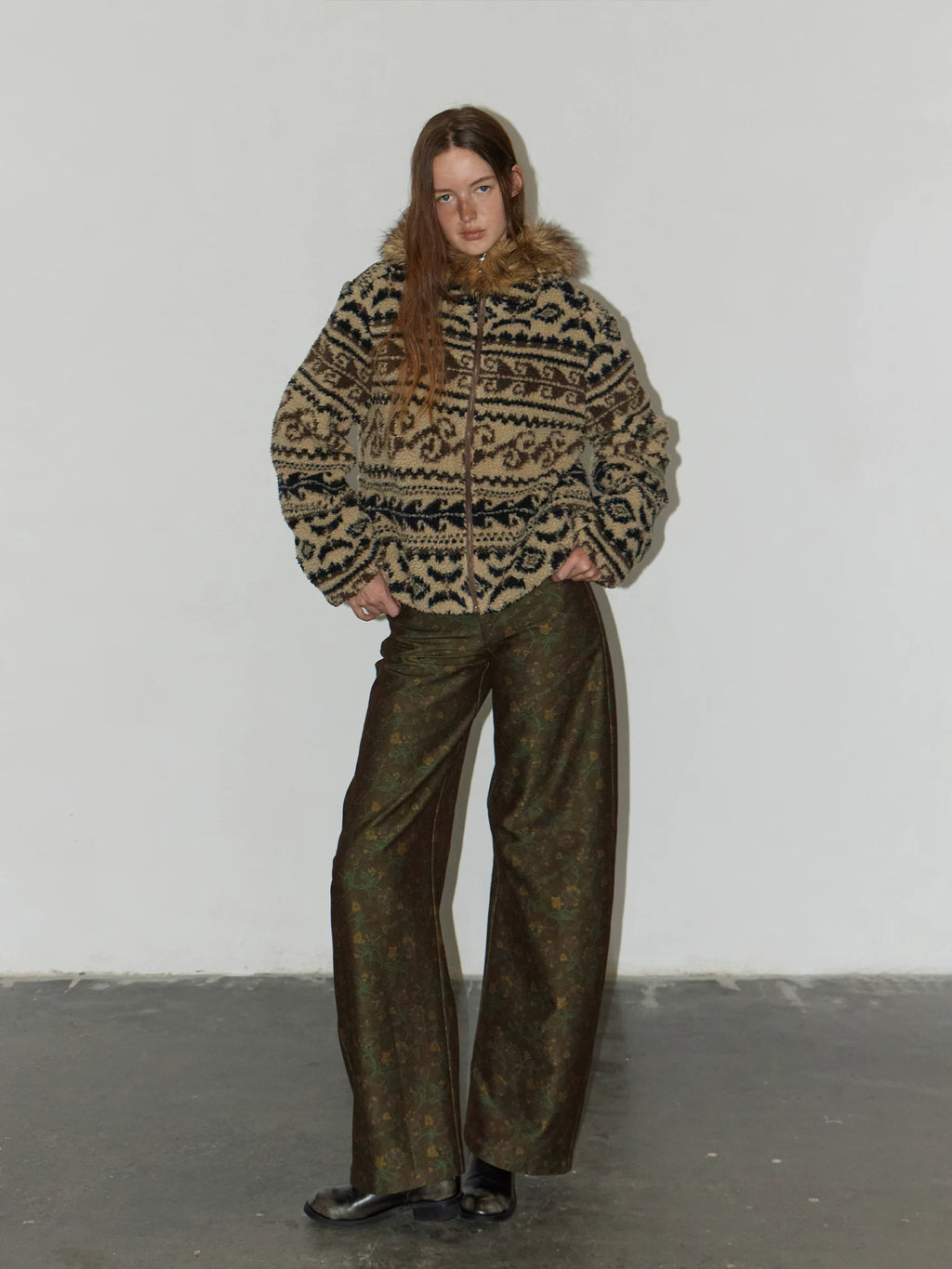 Retro-Printed Subtle-Patterned Casual Pants