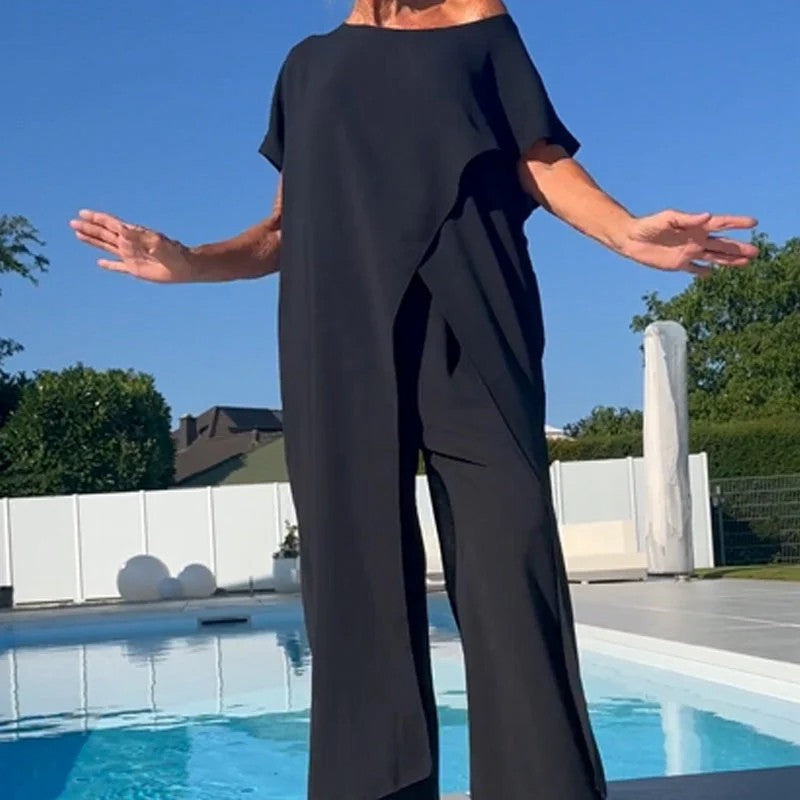 Casual Asymmetric Fit  Loose-Fit Cotton-Linen Pantsuit
