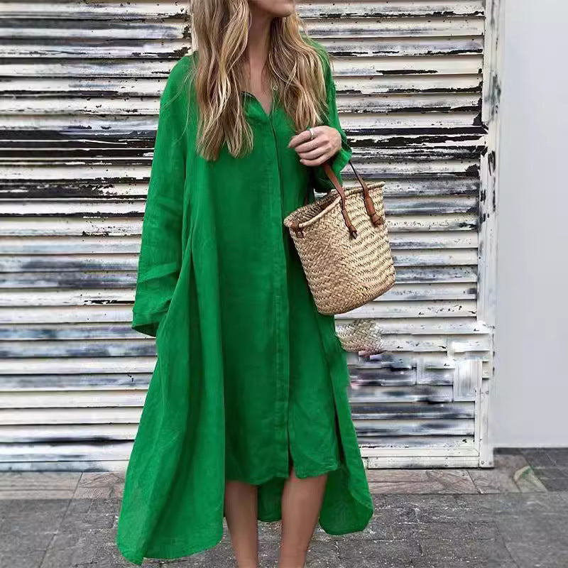 Loose Solid-Color Cotton-Linen Long Dress Shirt Dress