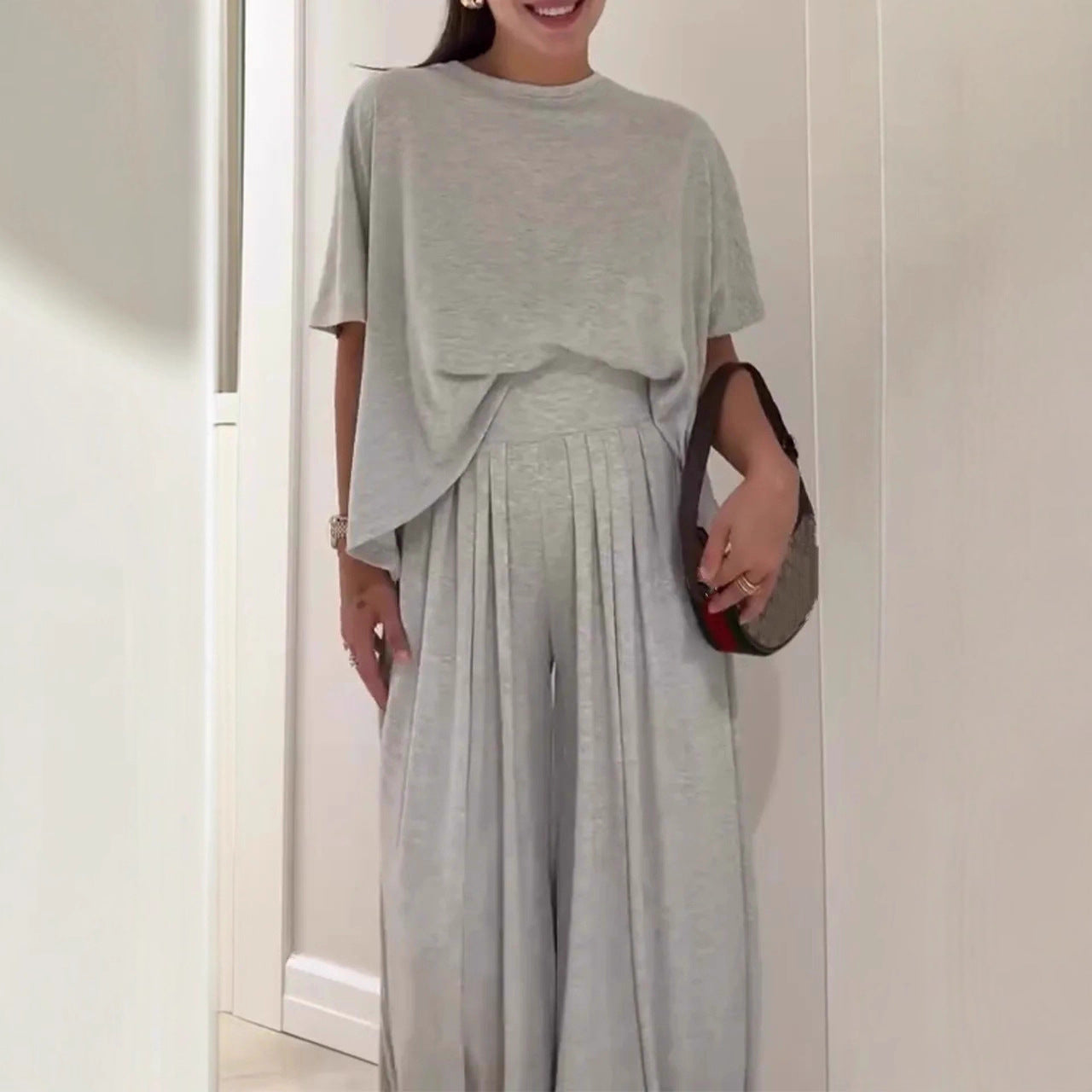 Casual Relaxed Comfortable Crew Neck Wide-Leg Pants Set