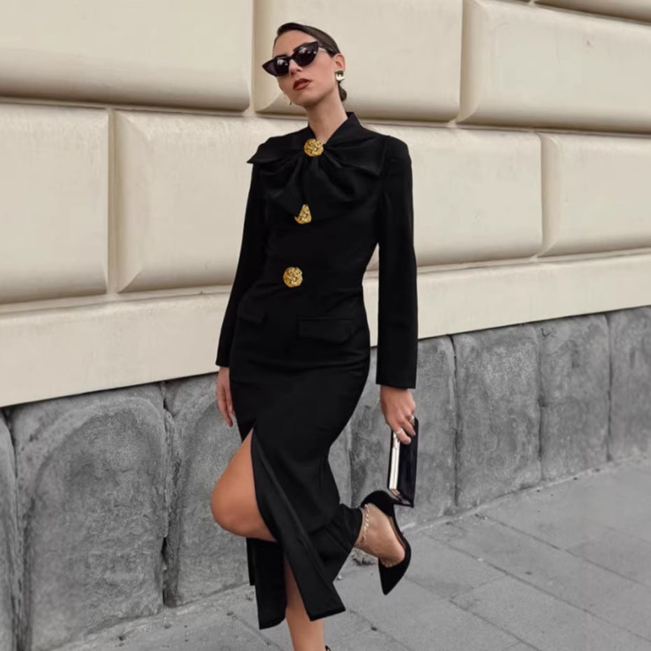 V-neck Bow-Tie Long-Sleeve Dress