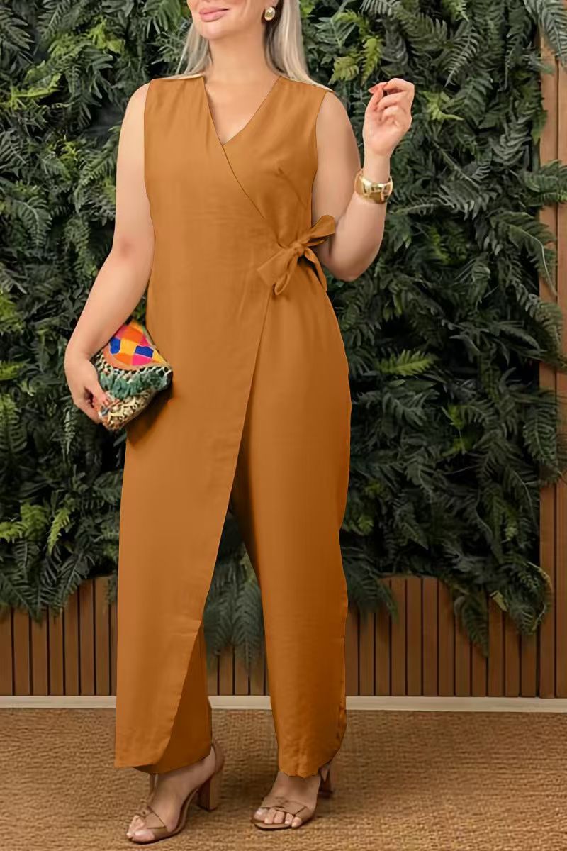 2026 Spring/Summer New Arrival Women's Solid Color Casual V-Neck Tie-Waist Jumpsuit