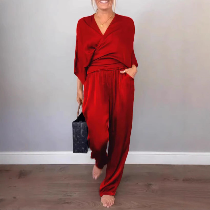 Summer Fashion Solid-Color Satin Short-Sleeve Top and Pants Set