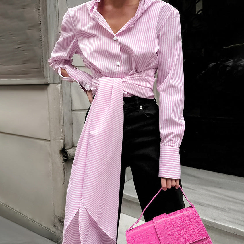 French-Style Lace-Up Striped Shirt - Women's Short-Sleeve Top