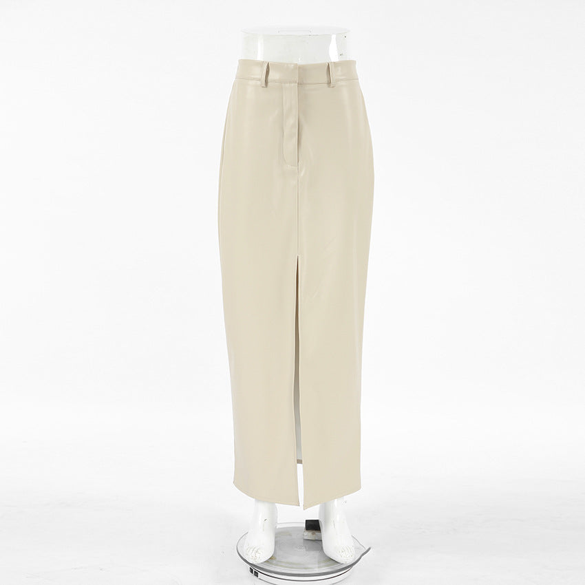 Khaki PU Leather Skirt for Women