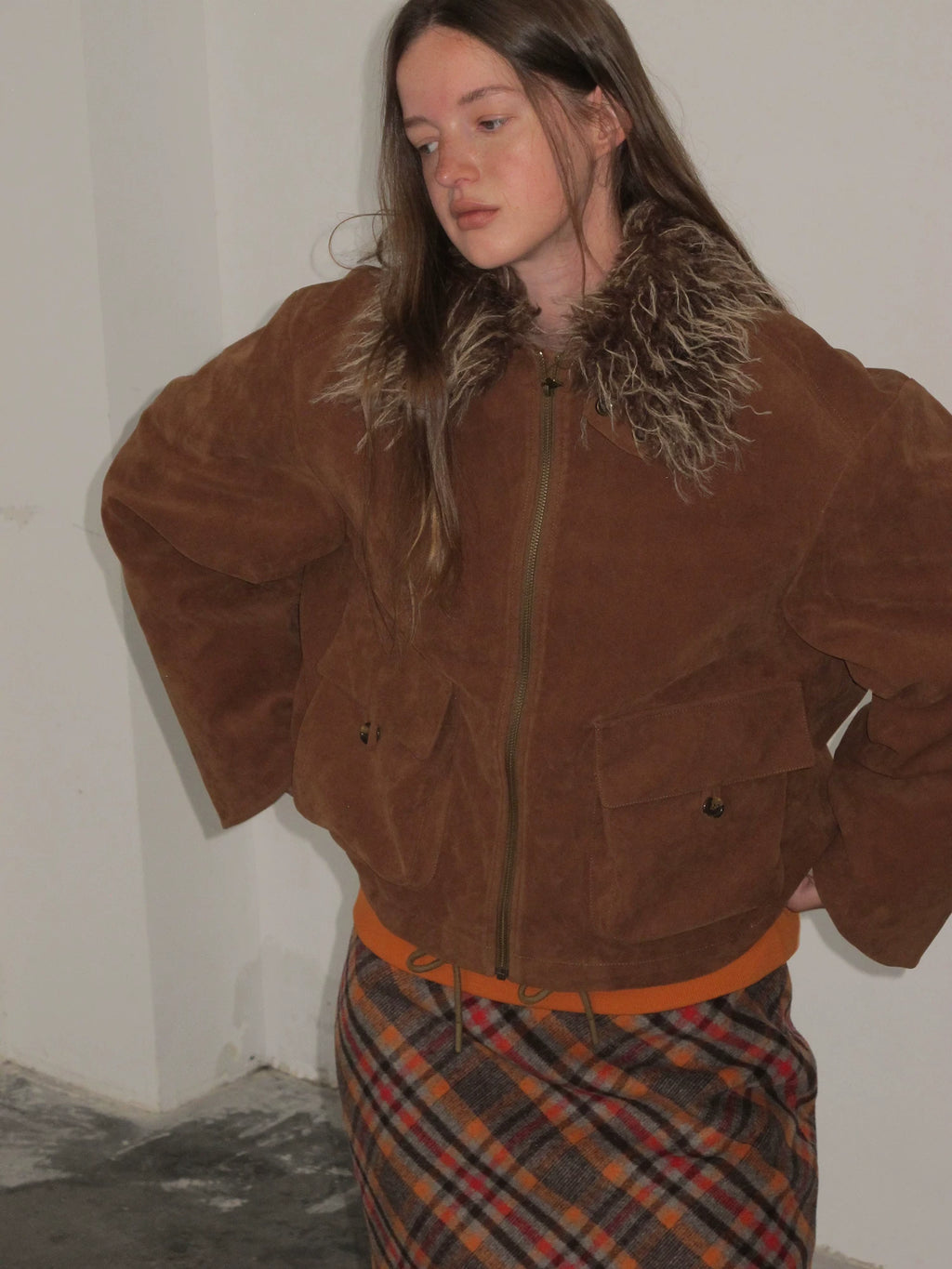 Orange Plaid Wool Skirt with Contrasting Colors