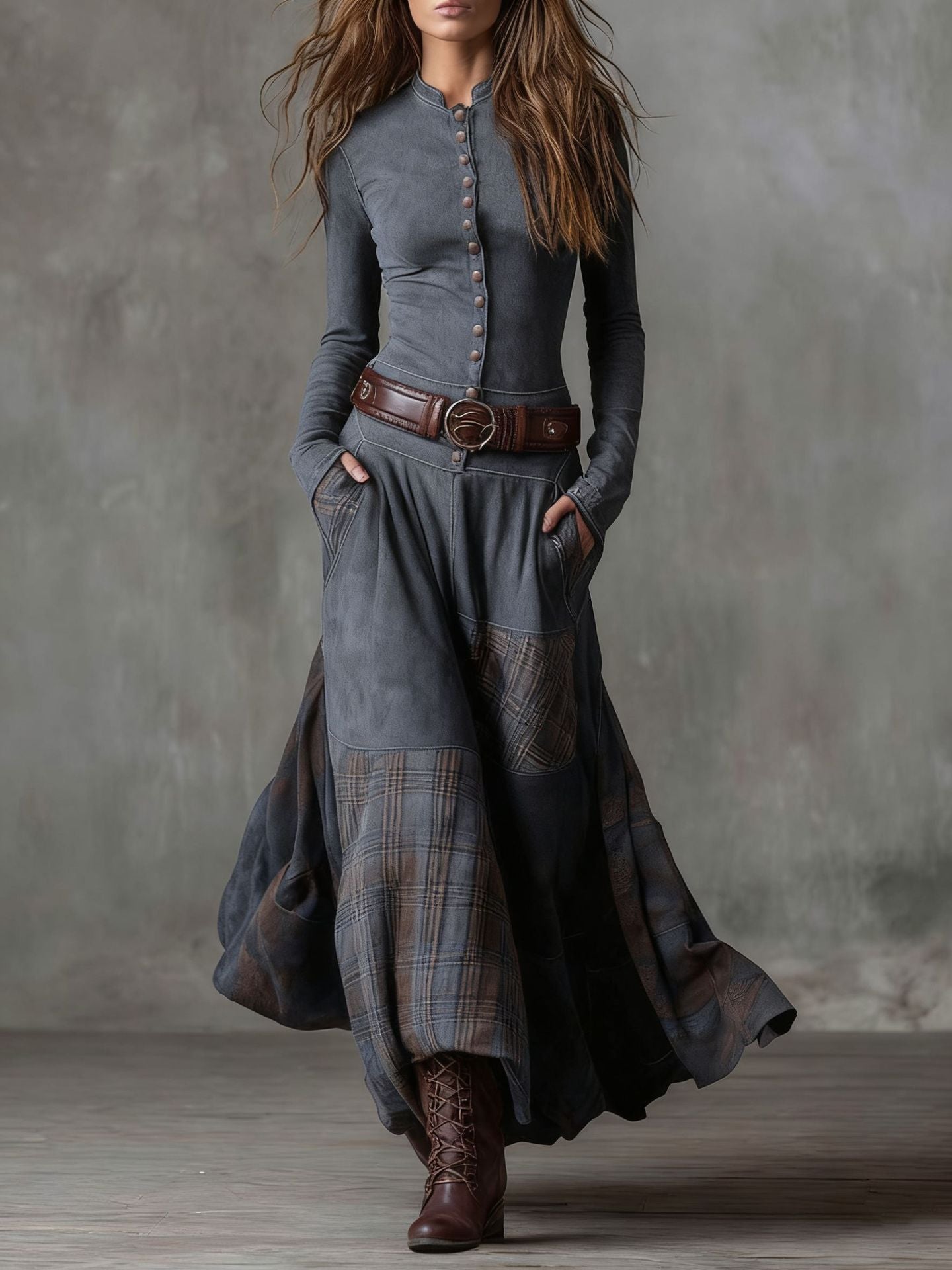 Suede Plaid Patchwork Vintage-Style Dress