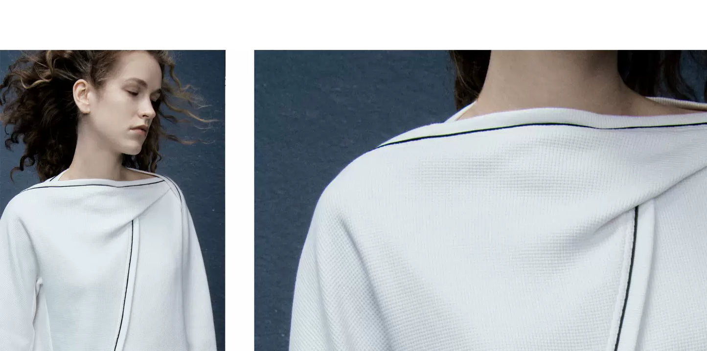 Boat Neck Irregular White Sweatshirt Knit Top