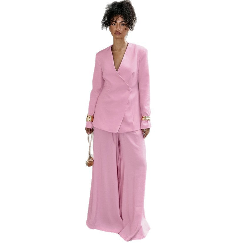 V-neck wide-leg pants two-piece set