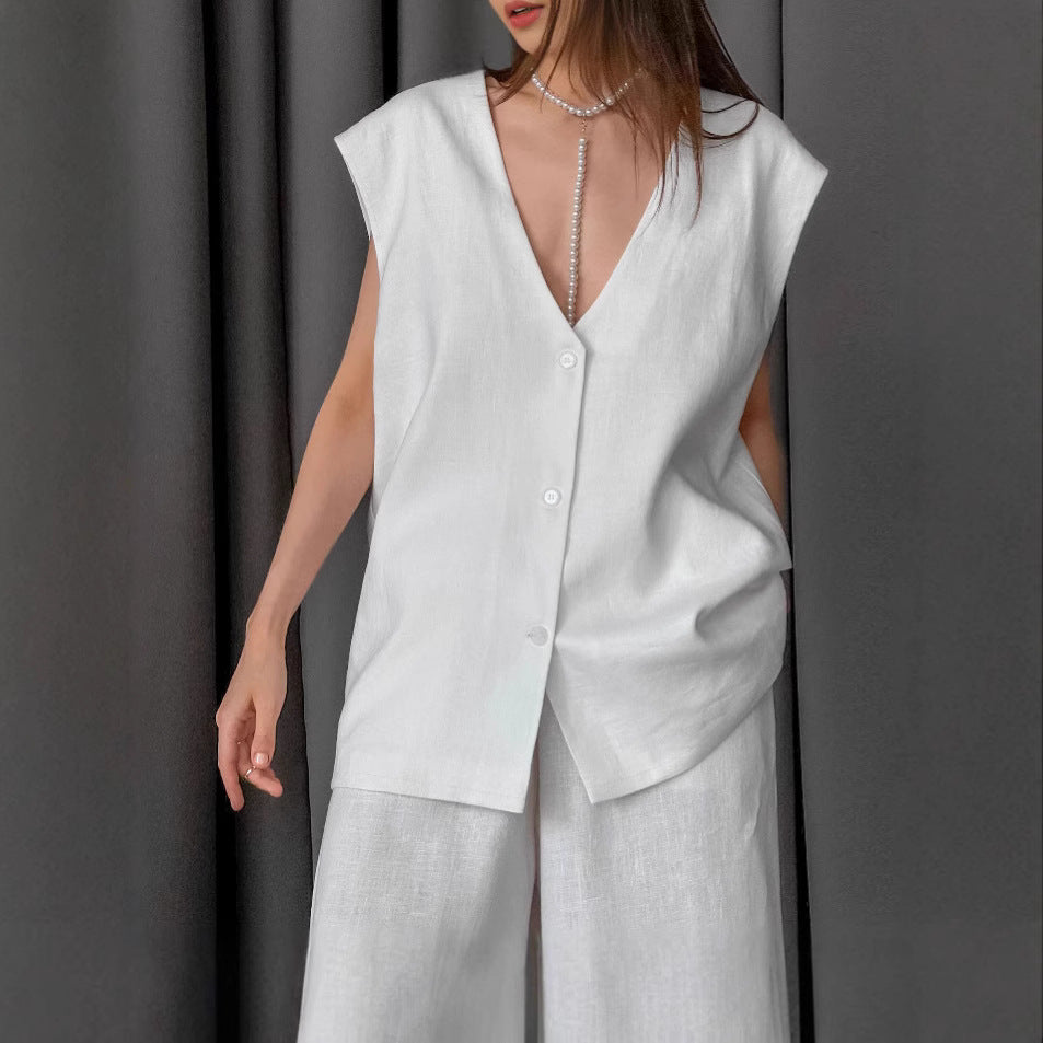 V-neck vest and wide-leg pants two-piece set