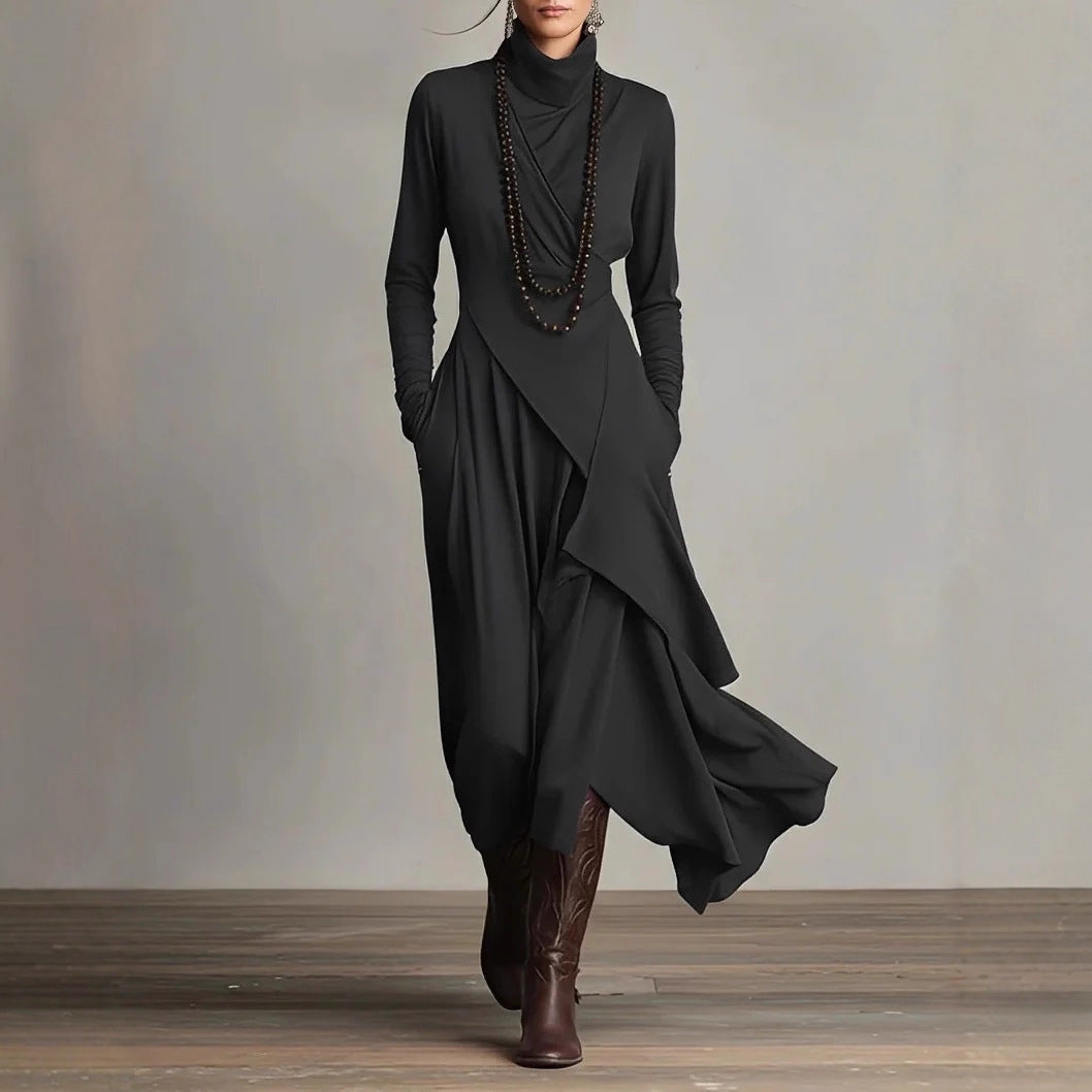 Long-sleeved crossover high-neck maxi dress