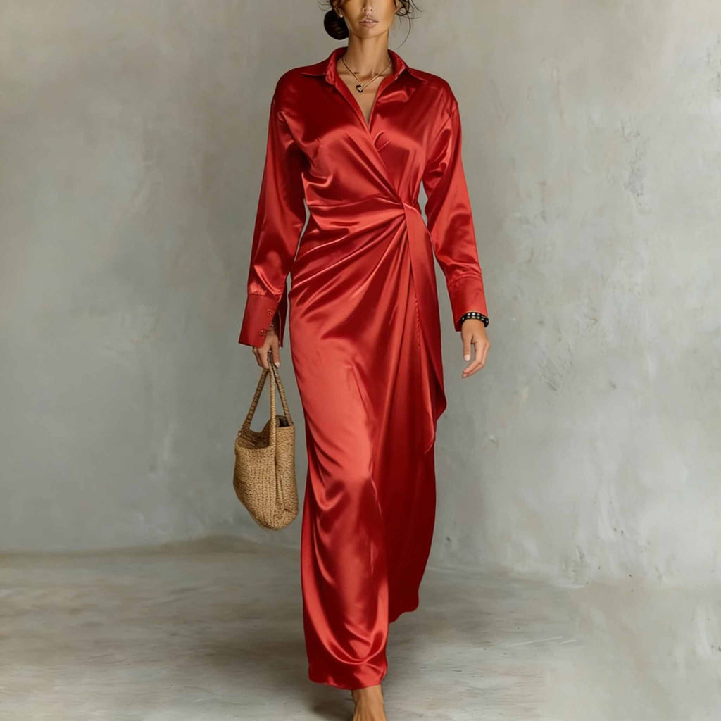 Long-Sleeve Casual Split-Hem Satin Dress