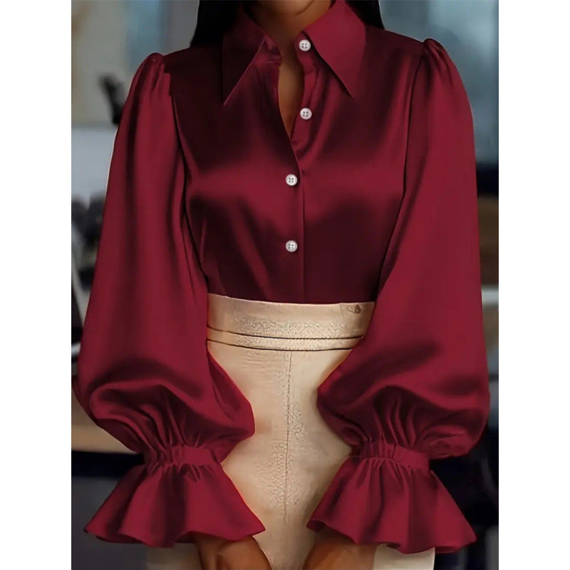 Women's Long-Sleeved Collared Satin Shirt