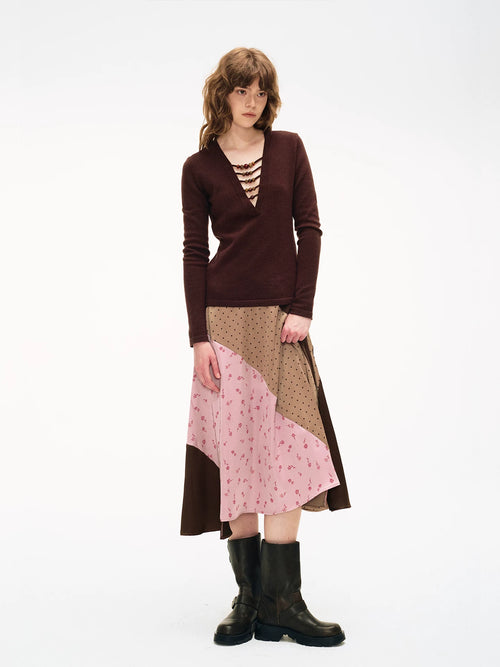 Retro Asymmetric Color-Blocked Satin Print Skirt