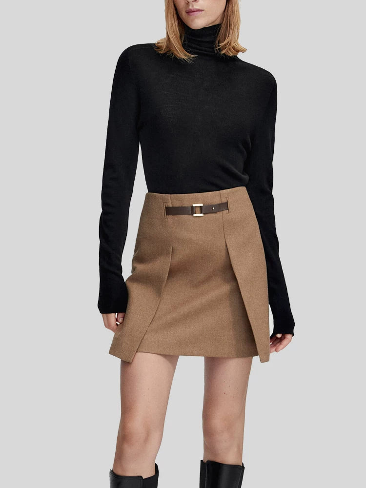Brown Short Skirt High-Waisted Wool Skirt