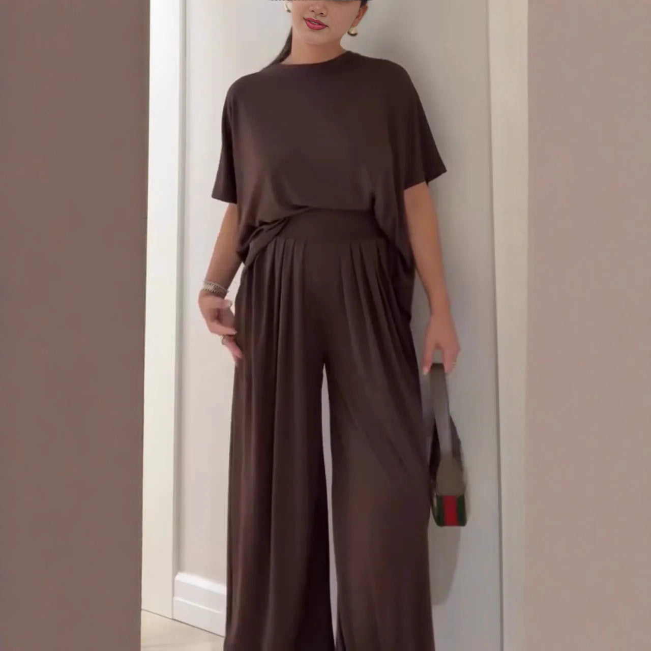 Casual Relaxed Comfortable Crew Neck Wide-Leg Pants Set