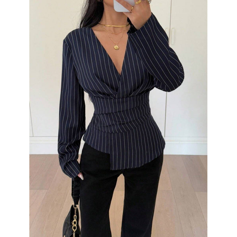 2026 New Arrival Shirt with Contrasting Color Stripes and Floral Print V-Neck Top