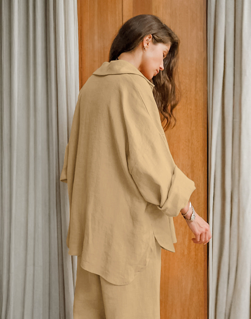 Cotton-Linen Khaki Shirt and Trousers Set