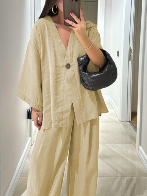 Women's V-neck top and wide-leg pants casual set