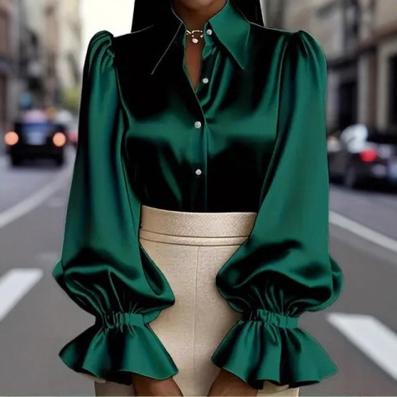 Women's Long-Sleeved Collared Satin Shirt