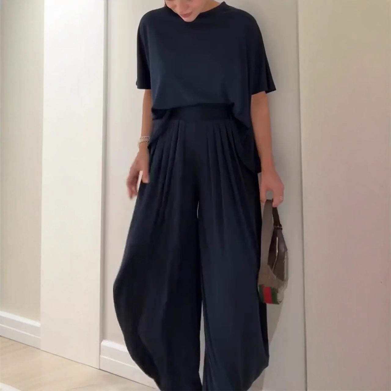 Casual Relaxed Comfortable Crew Neck Wide-Leg Pants Set