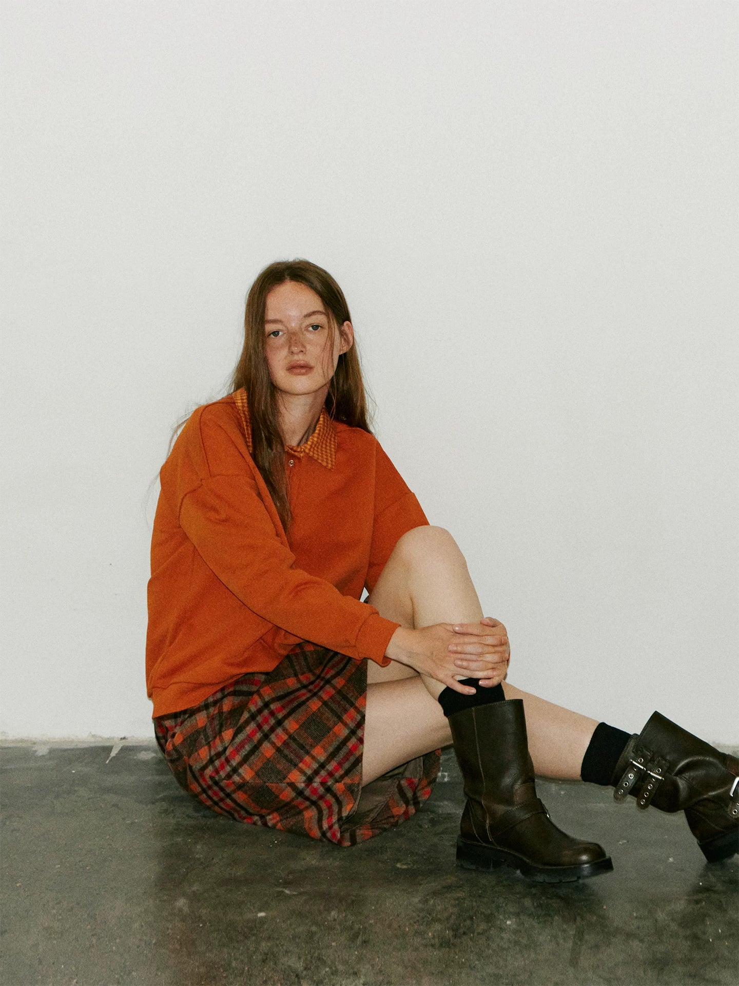 Orange Plaid Wool Skirt with Contrasting Colors