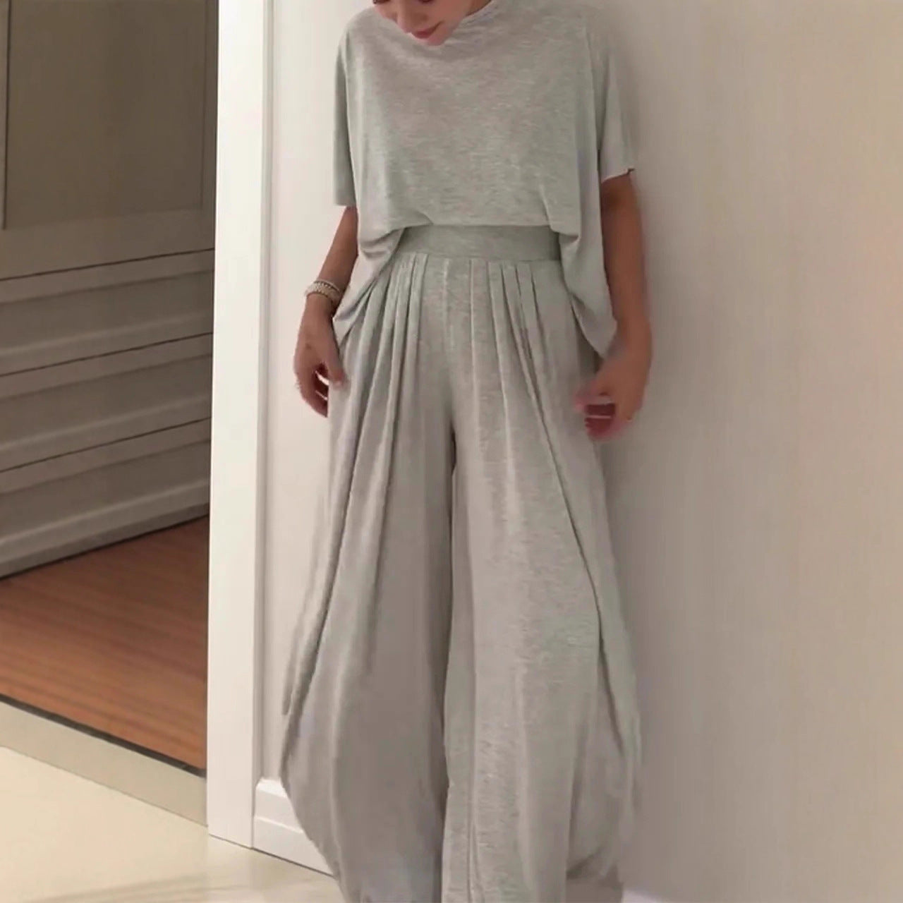 Casual Relaxed Comfortable Crew Neck Wide-Leg Pants Set