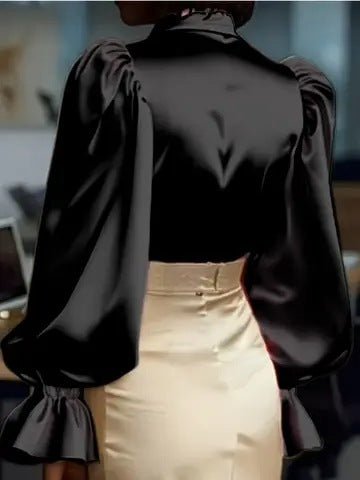Women's Long-Sleeved Collared Satin Shirt