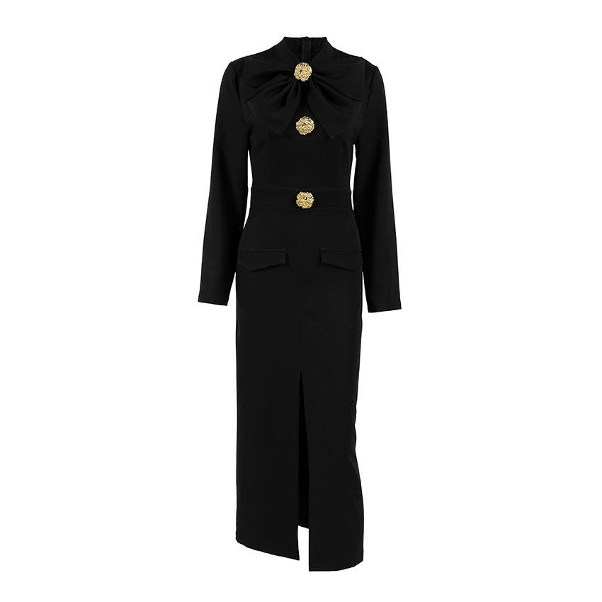 V-neck Bow-Tie Long-Sleeve Dress