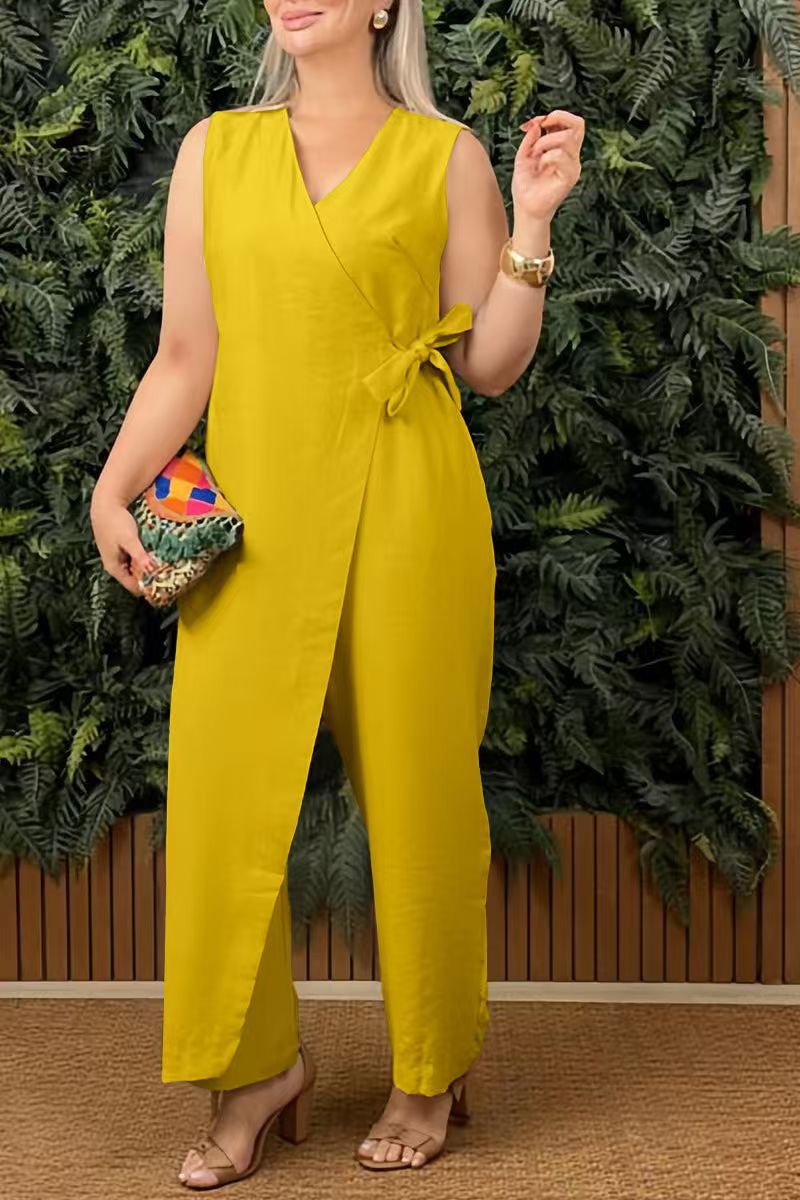 2026 Spring/Summer New Arrival Women's Solid Color Casual V-Neck Tie-Waist Jumpsuit