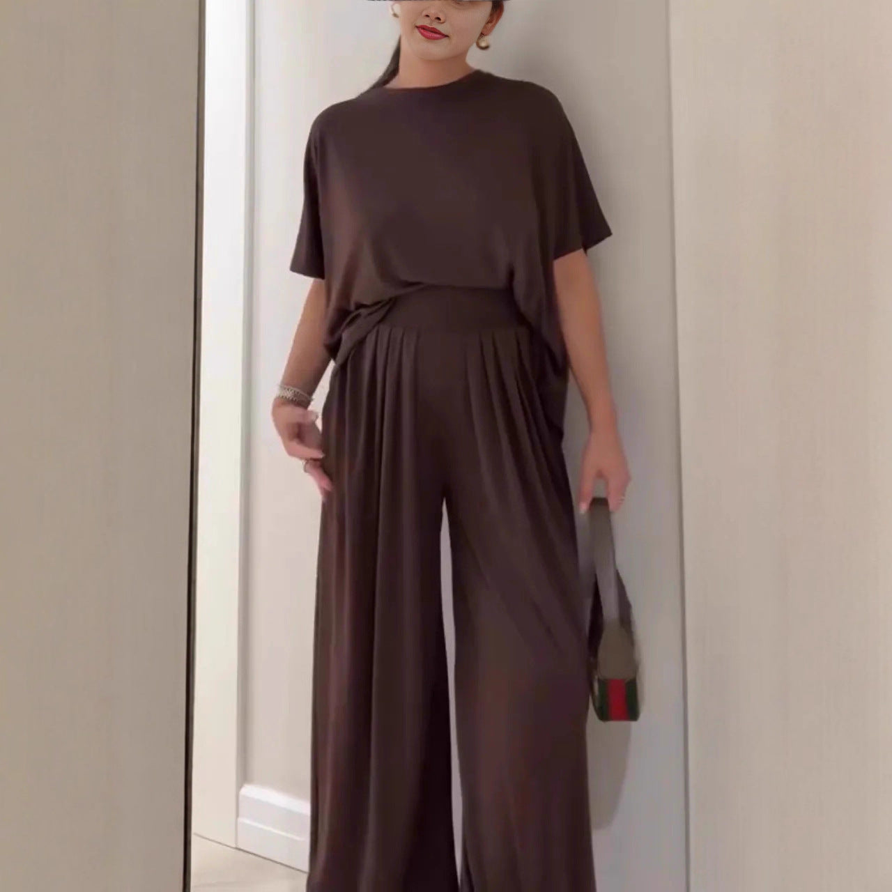 Casual Relaxed Comfortable Crew Neck Wide-Leg Pants Set