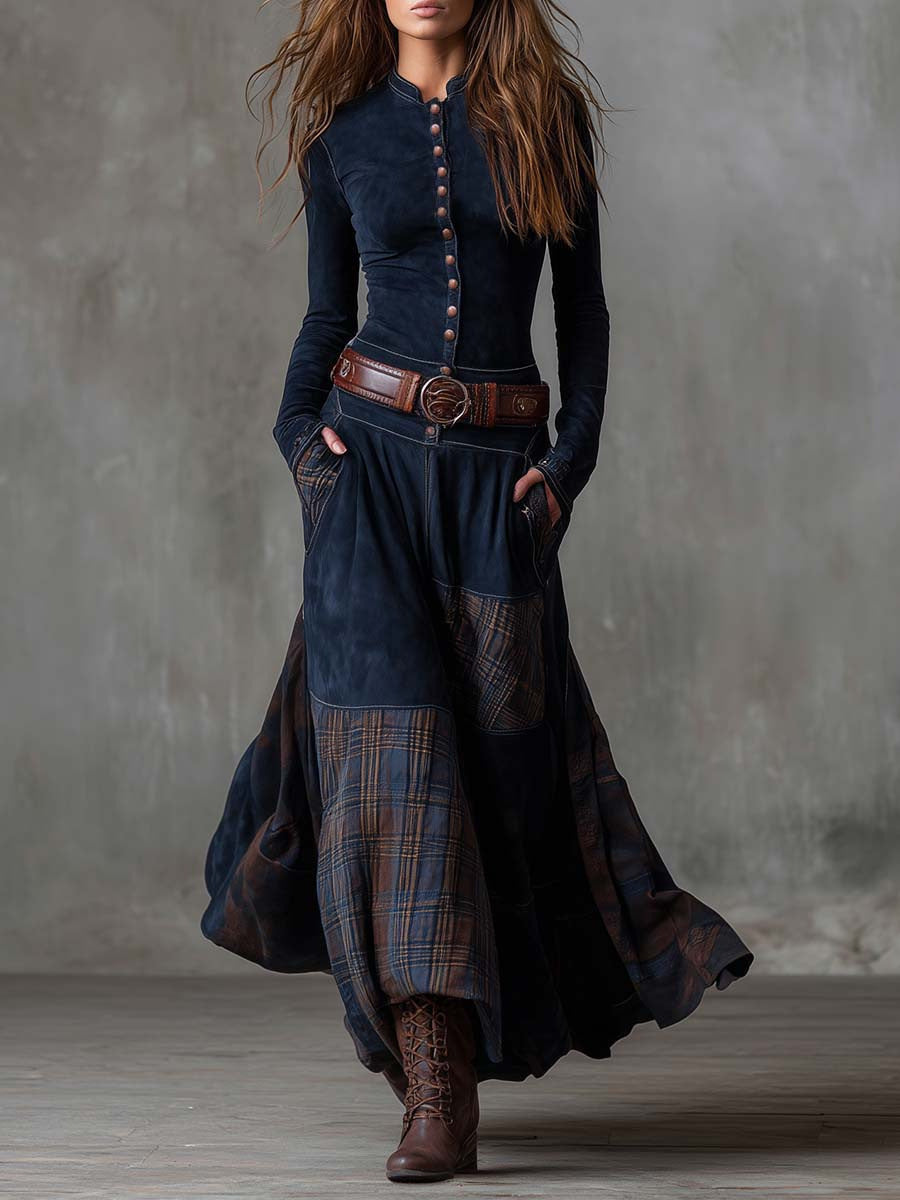 Suede Plaid Patchwork Vintage-Style Dress