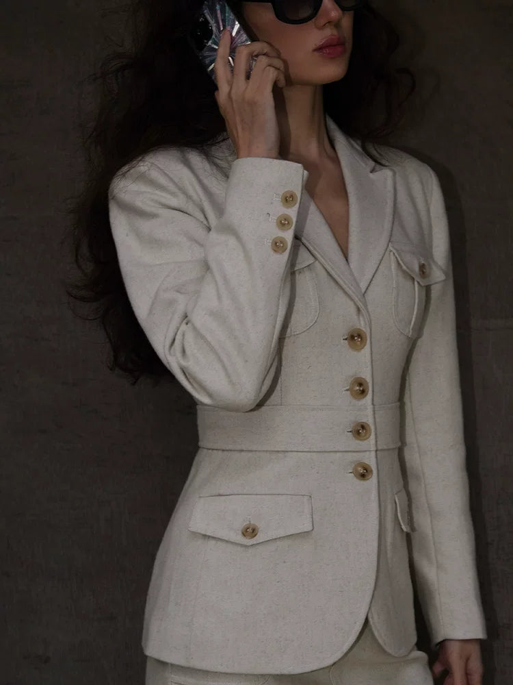 Retro Suit Straight-Leg Shorts French-Style Set Beige Wool Two-Piece