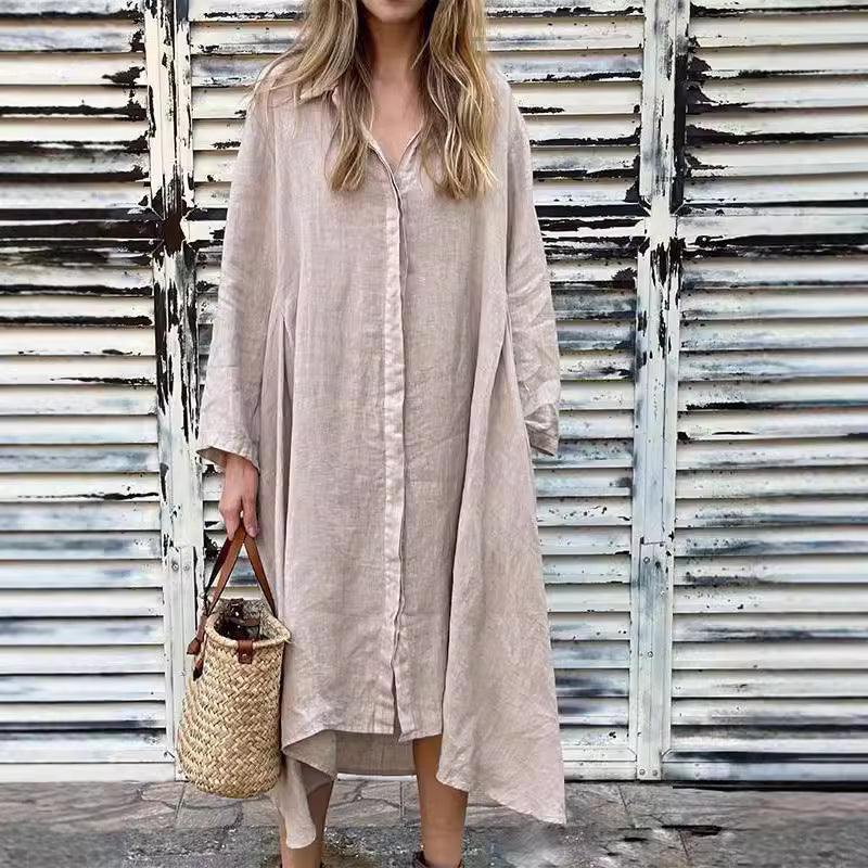 Loose Solid-Color Cotton-Linen Long Dress Shirt Dress