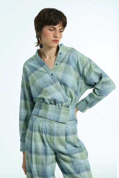 Women's Loose-Fit Casual Checkered V-Neck Short-Sleeve Shirt